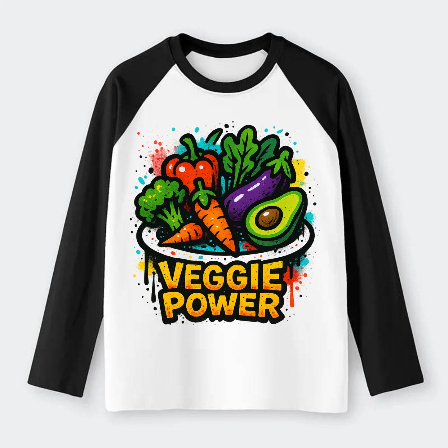 Colorful vegetables and plants on plate - plant-based lifestyle, - Raglan Long Sleeve T-Shirt - Black