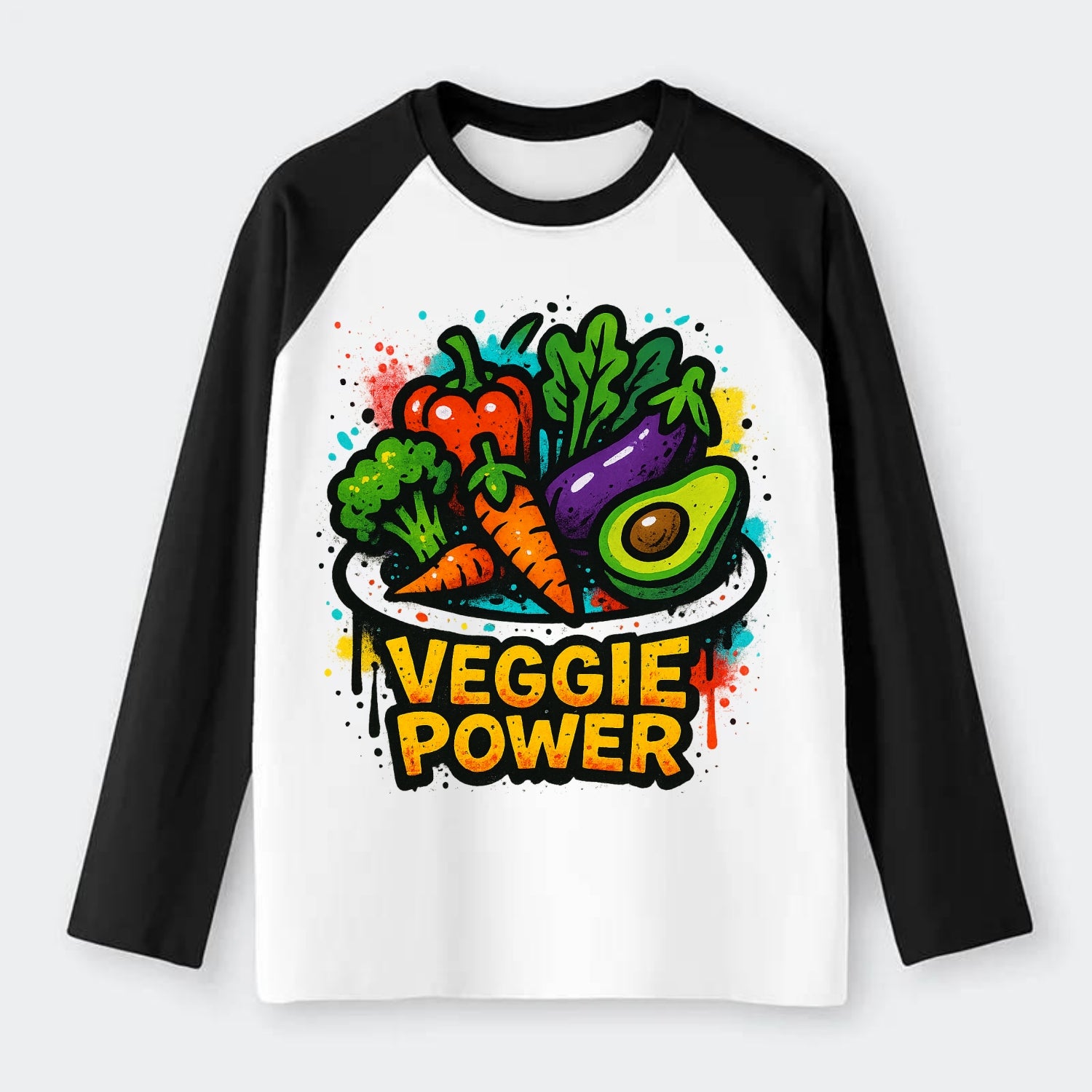 Colorful vegetables and plants on plate - plant-based lifestyle, - Raglan Long Sleeve T-Shirt - Black