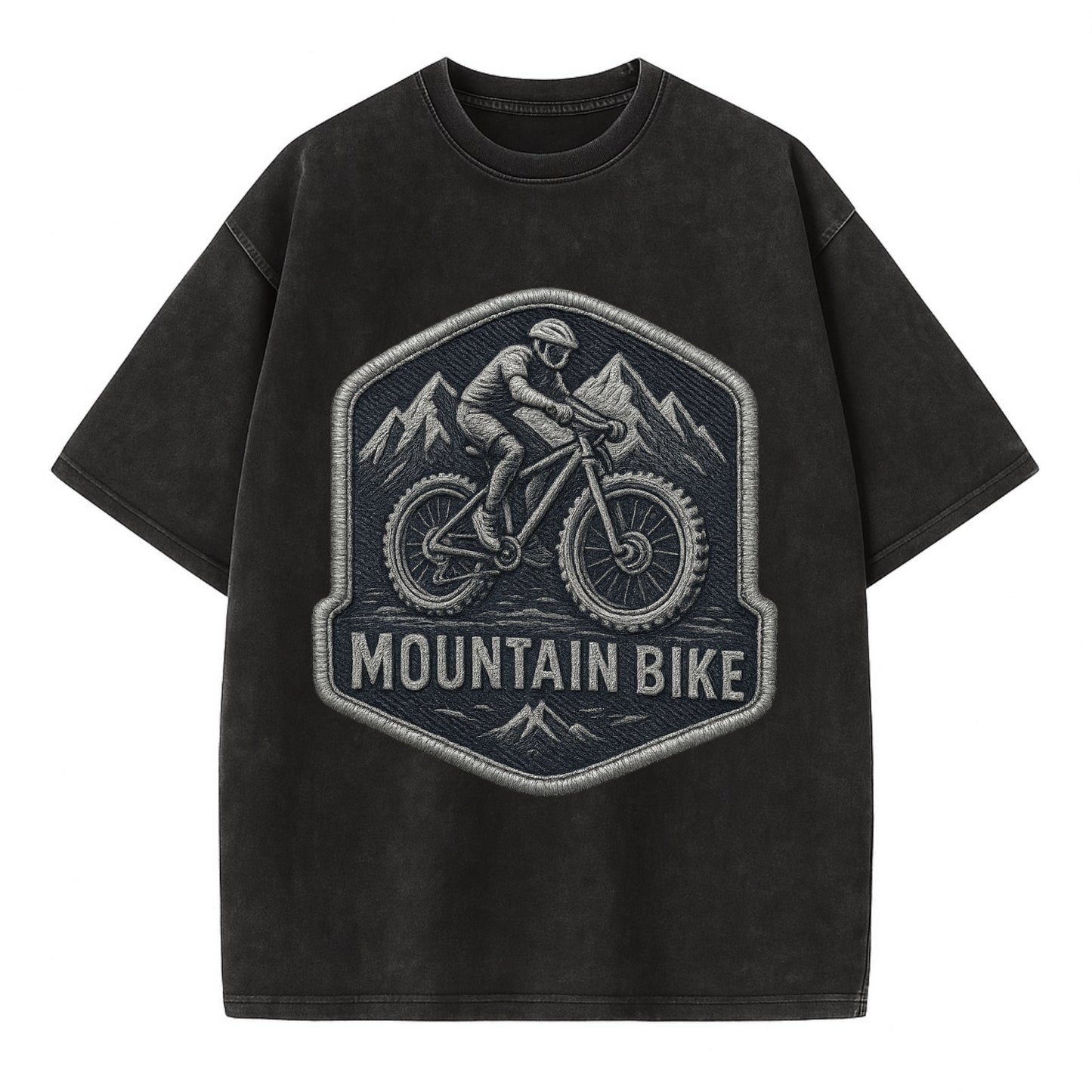 Mountain bike with rugged tires - cyclist badge - Vintage T-shirt - Black