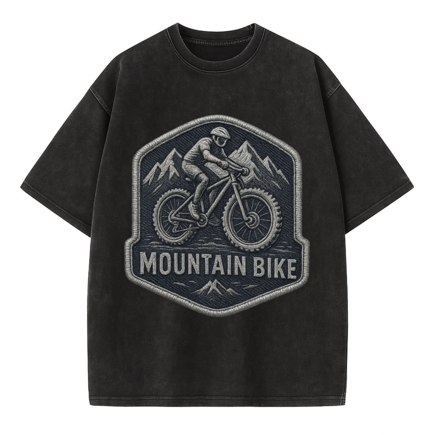 Mountain bike with rugged tires - cyclist badge - Vintage T-shirt - Black