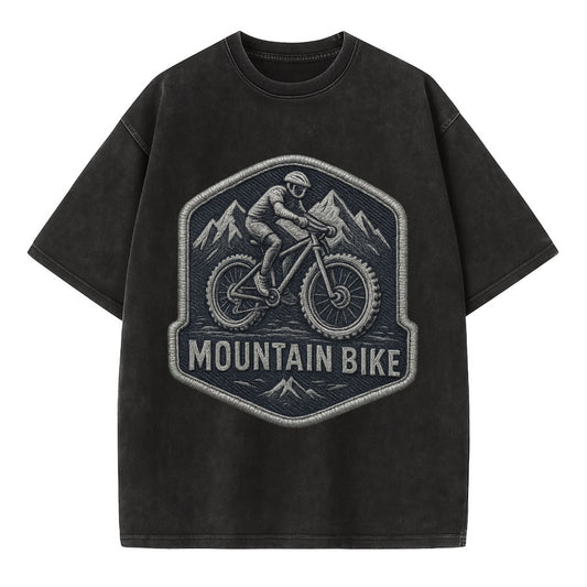 Mountain bike with rugged tires - cyclist badge - Vintage T-shirt - Black