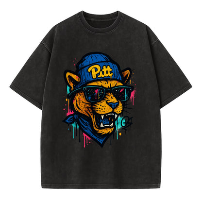 Pittsburgh Panther wearing Pitt beanie with script patch - Vintage T-shirt - Black