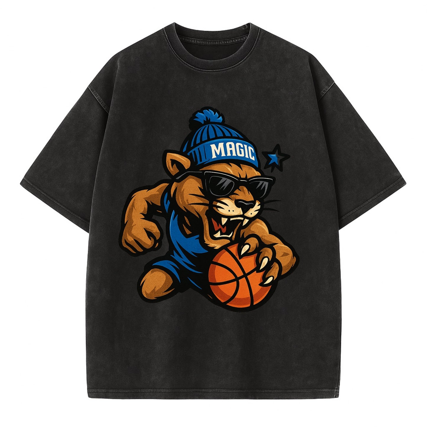 Florida Panther wearing Magic beanie with star wand patch and wayfarer sunglasses - Vintage T-shirt - Black