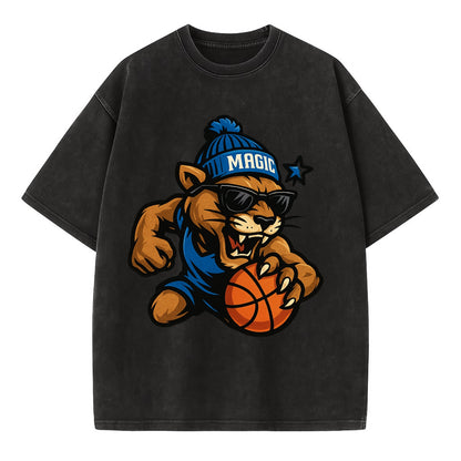 Florida Panther wearing Magic beanie with star wand patch and wayfarer sunglasses - Vintage T-shirt - Black