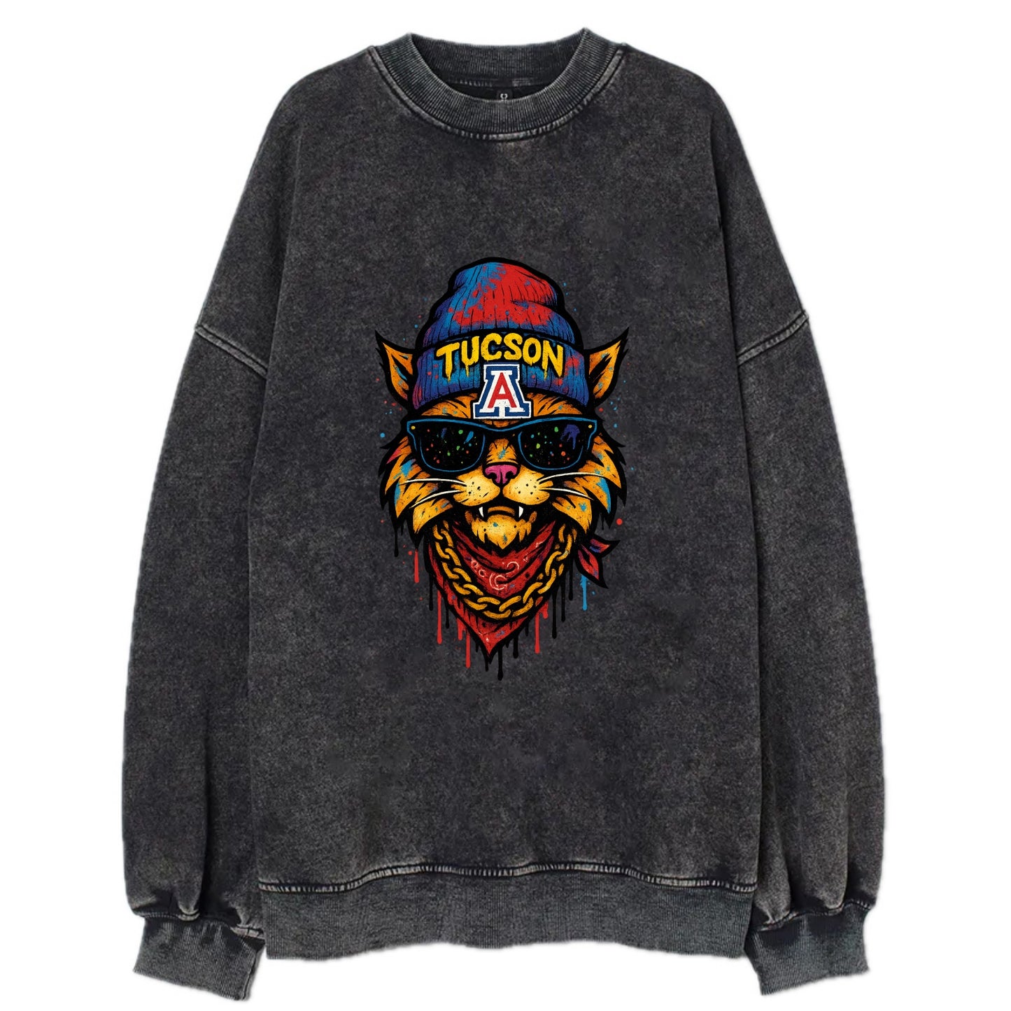 Tucson Wildcat wearing Arizona beanie with A patch - Vintage Sweatshirt - Black