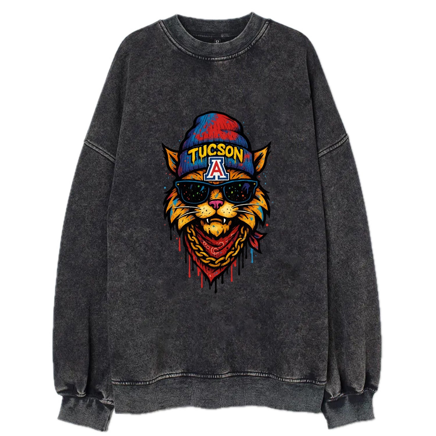 Tucson Wildcat wearing Arizona beanie with A patch - Vintage Sweatshirt - Black