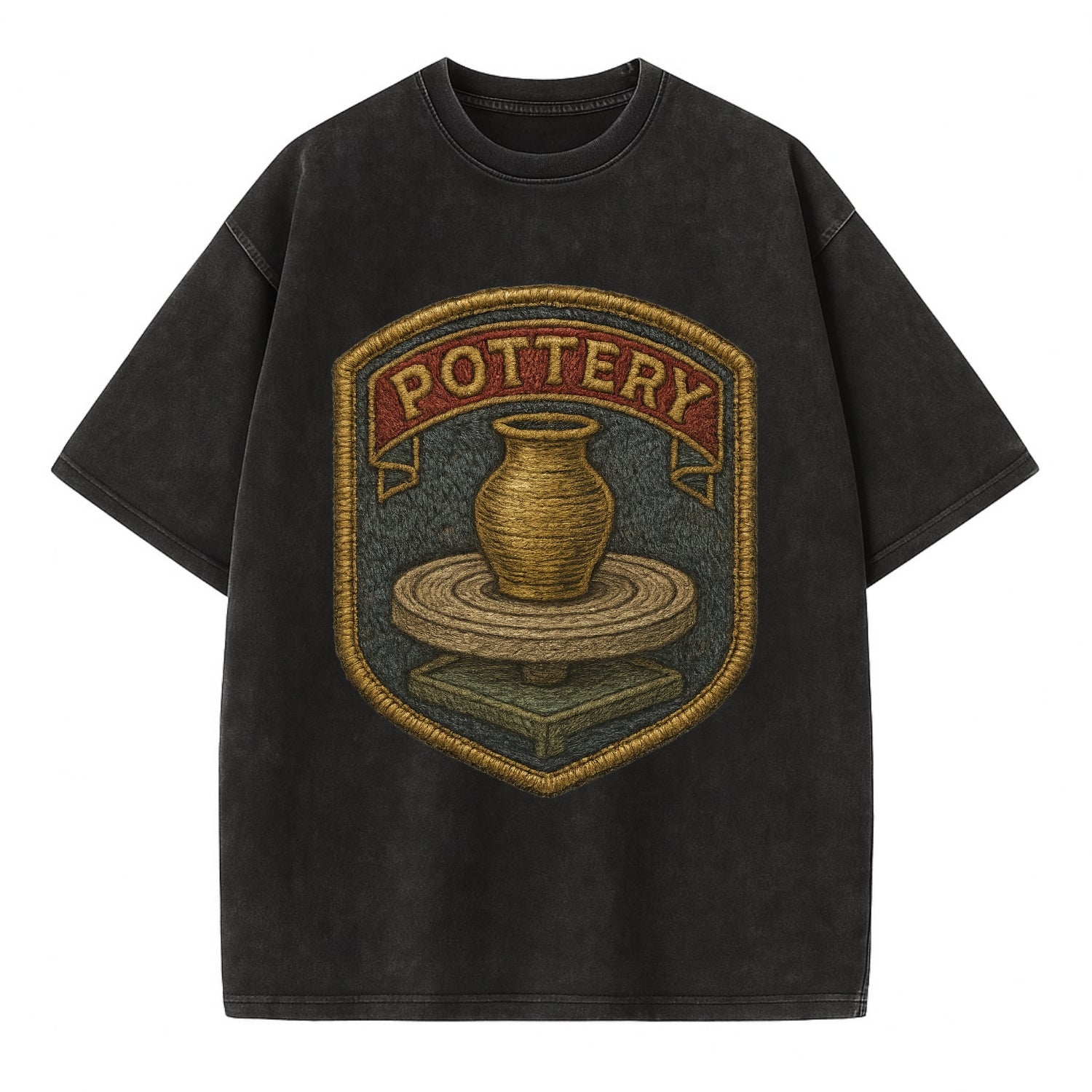 Pottery wheel with clay vessel - ceramicist symbol - Vintage T-shirt - Black