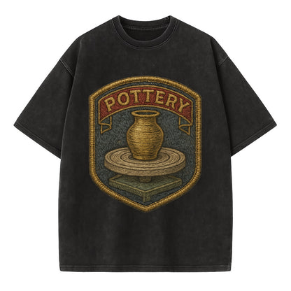 Pottery wheel with clay vessel - ceramicist symbol - Vintage T-shirt - Black