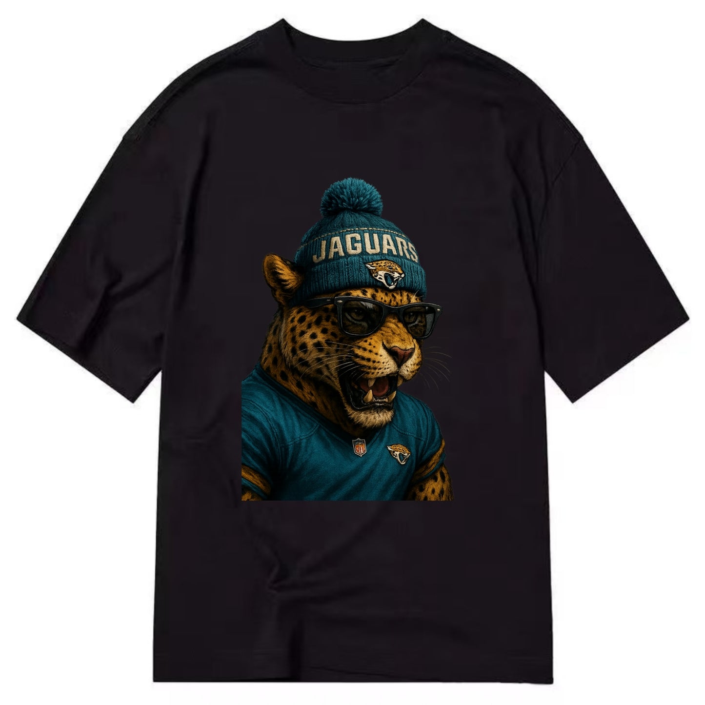 Jacksonville Jaguar wearing Jaguars teal and gold beanie with pom pom and - Classic T-shirt - Black
