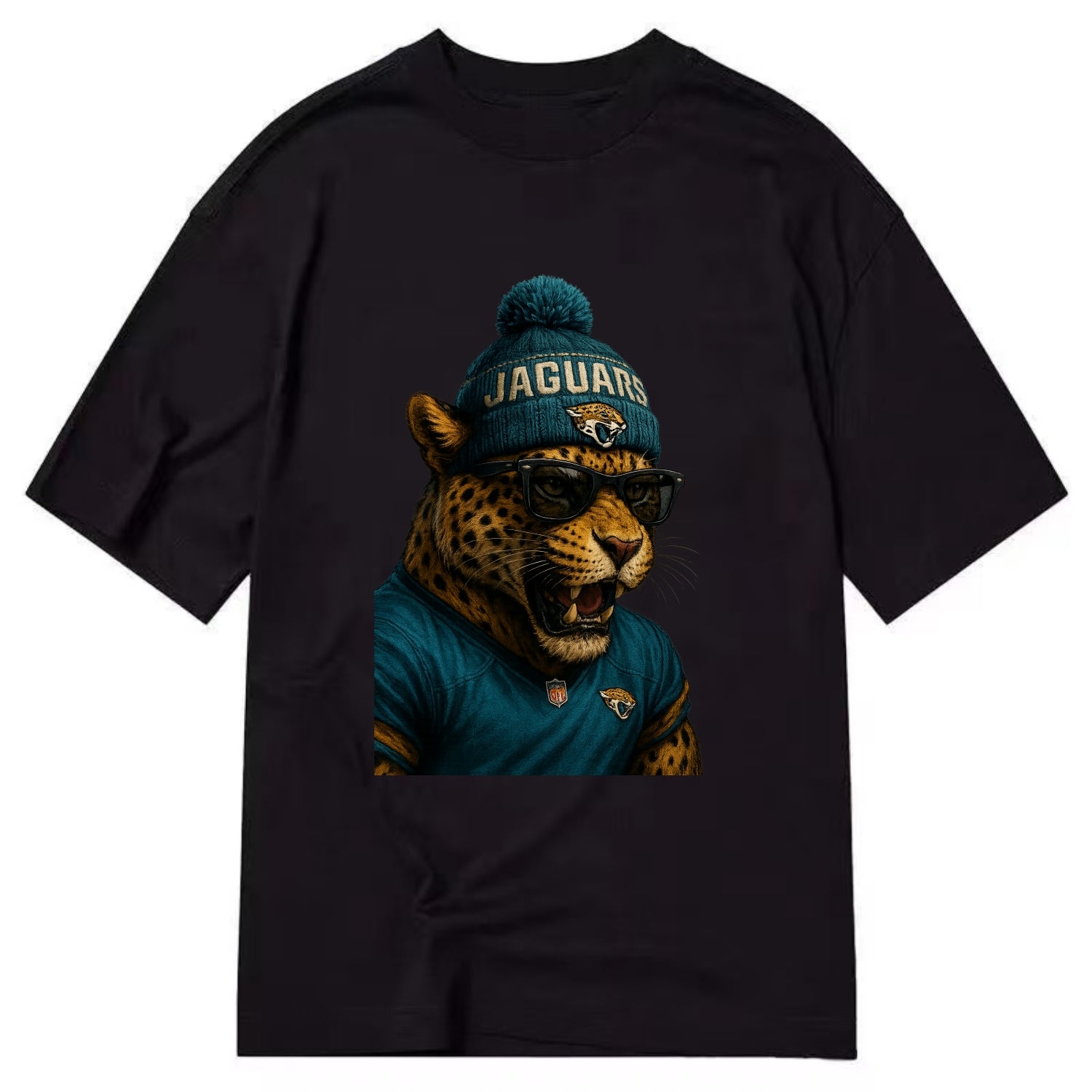 Jacksonville Jaguar wearing Jaguars teal and gold beanie with pom pom and - Classic T-shirt - Black