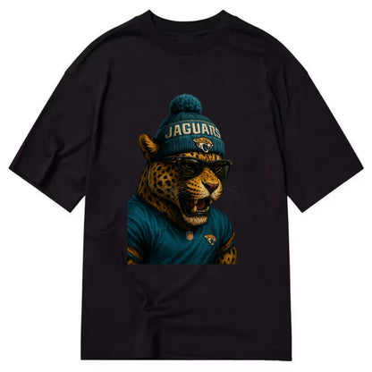 Jacksonville Jaguar wearing Jaguars teal and gold beanie with pom pom and - Classic T-shirt - Black