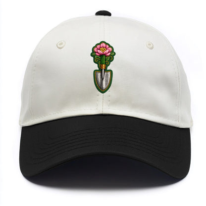Embroidered patch design - GARDENING TROWEL FLOWER - garden tool with blooming - Two Tone Cap - Black