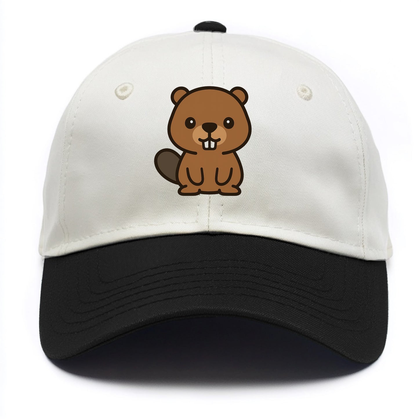 Baby Beaver - brown fur, paddle tail, buck teeth, friendly eyes, front-facing, - Two Tone Cap - Black
