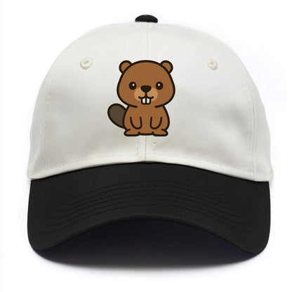 Baby Beaver - brown fur, paddle tail, buck teeth, friendly eyes, front-facing, - Two Tone Cap - Black