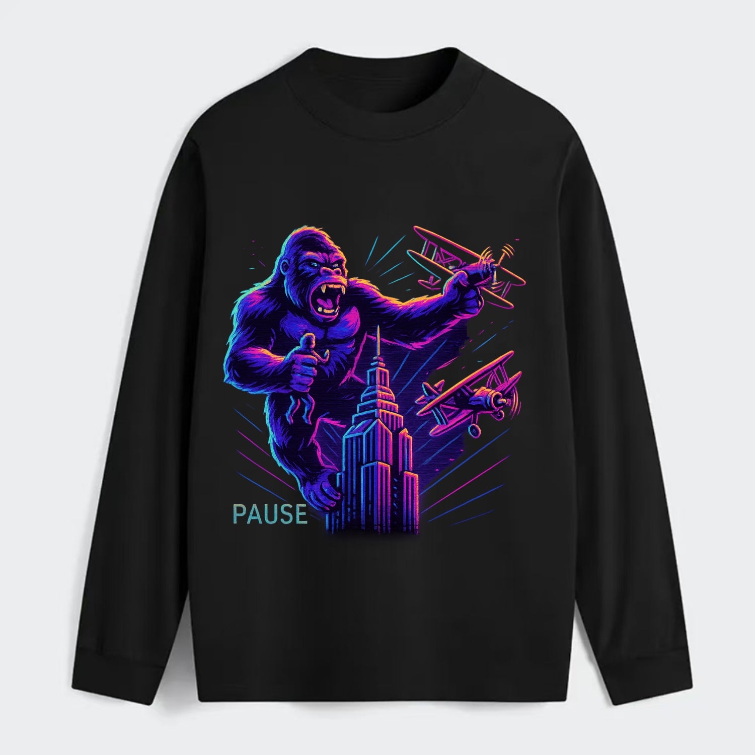 giant gorilla on top of skyscraper holding small figure, swatting planes - Classic Long Sleeve Shirt - Black