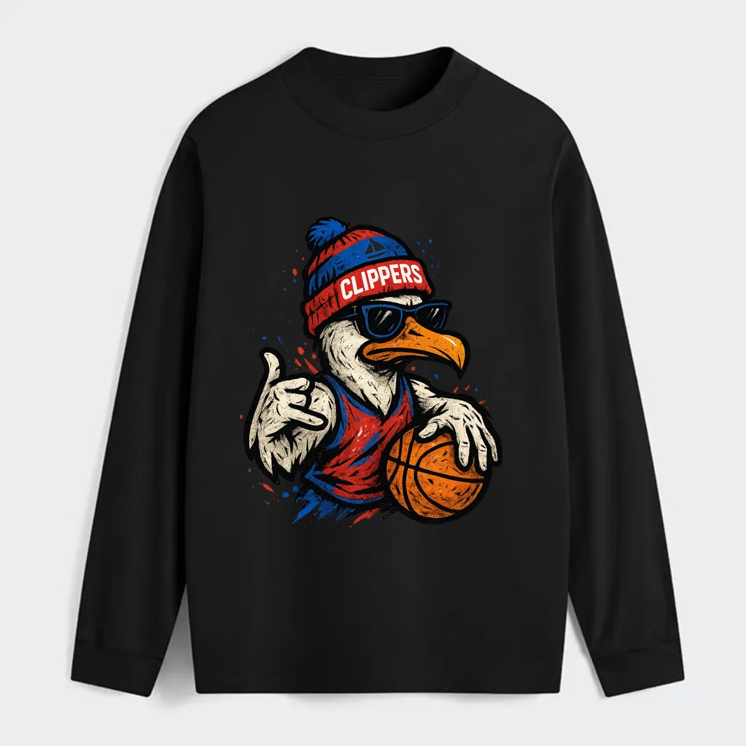 LA Seagull wearing Clippers red white and blue beanie with ship patch - Classic Long Sleeve Shirt - Black
