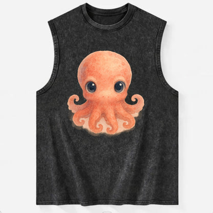 Baby Octopus - red-orange, eight tiny tentacles curled, large intelligent - Vintage Washed Tank - Black