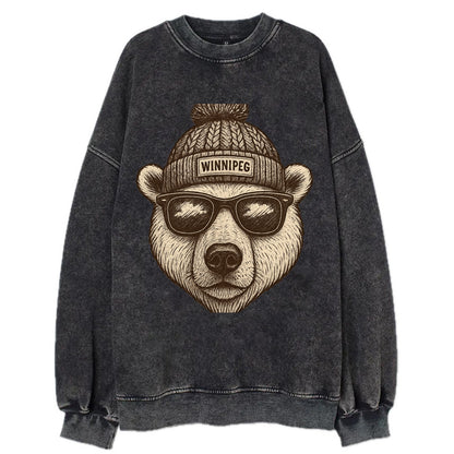 Winnipeg Polar Bear wearing Winnipeg beanie with pom pom and wayfarer - Vintage Sweatshirt - Black