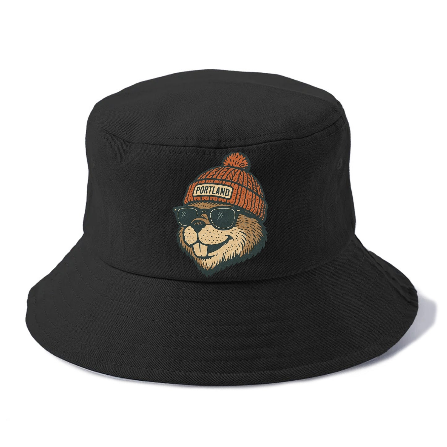 Oregon Beaver wearing Portland beanie with pom pom and wayfarer sunglasses - Bucket Hat - Black
