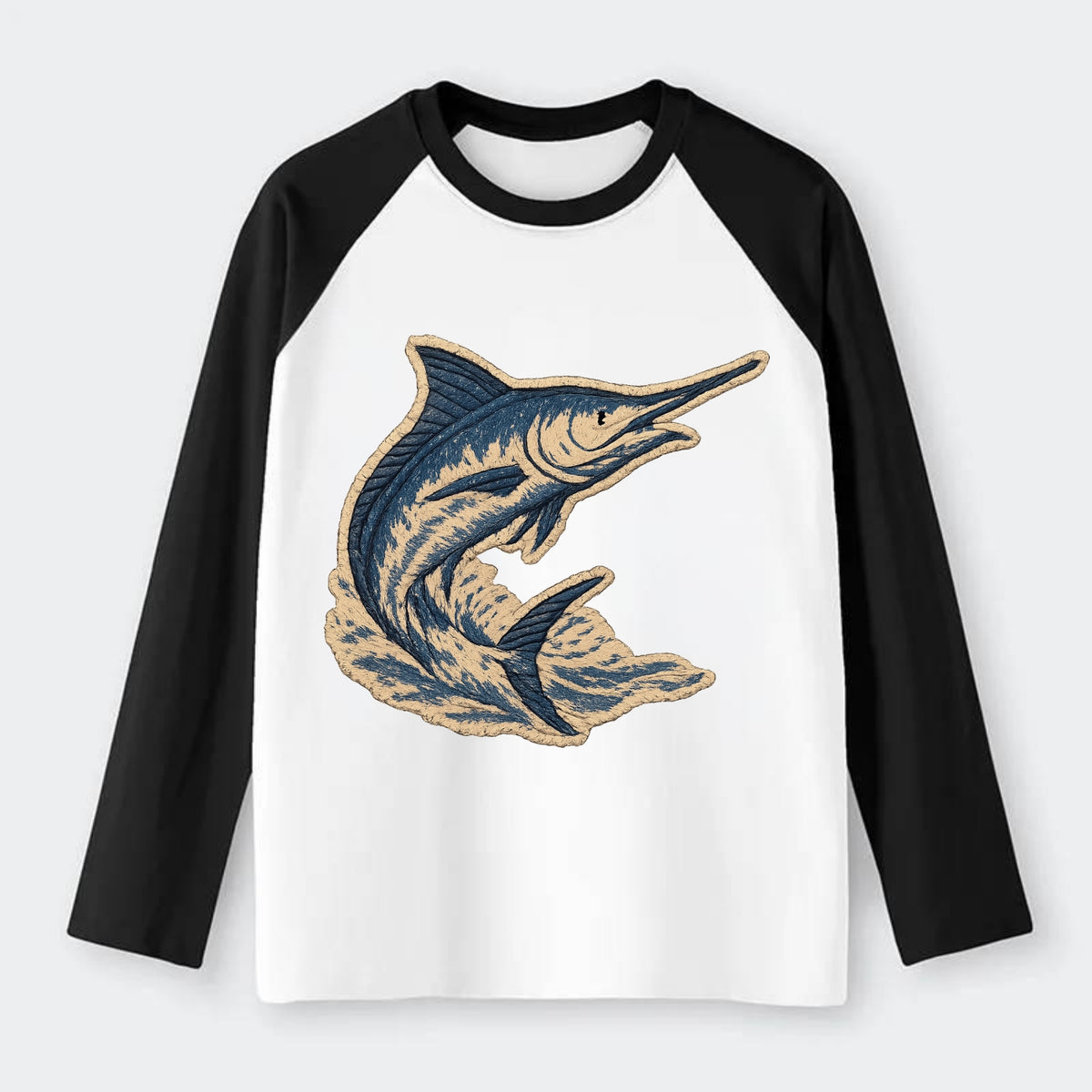 SWORDFISH MARLIN - leaping marlin in blue and silver , sport fishing - Raglan Long Sleeve T-Shirt - Black