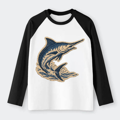 SWORDFISH MARLIN - leaping marlin in blue and silver , sport fishing - Raglan Long Sleeve T-Shirt - Black