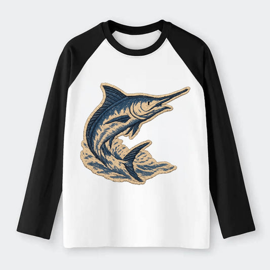 SWORDFISH MARLIN - leaping marlin in blue and silver , sport fishing - Raglan Long Sleeve T-Shirt - Black