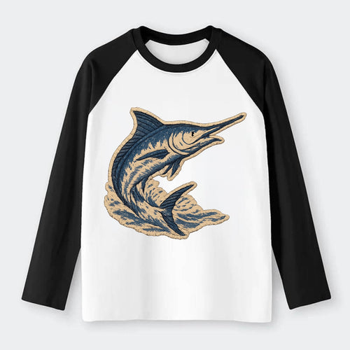 SWORDFISH MARLIN - leaping marlin in blue and silver , sport fishing - Raglan Long Sleeve T-Shirt