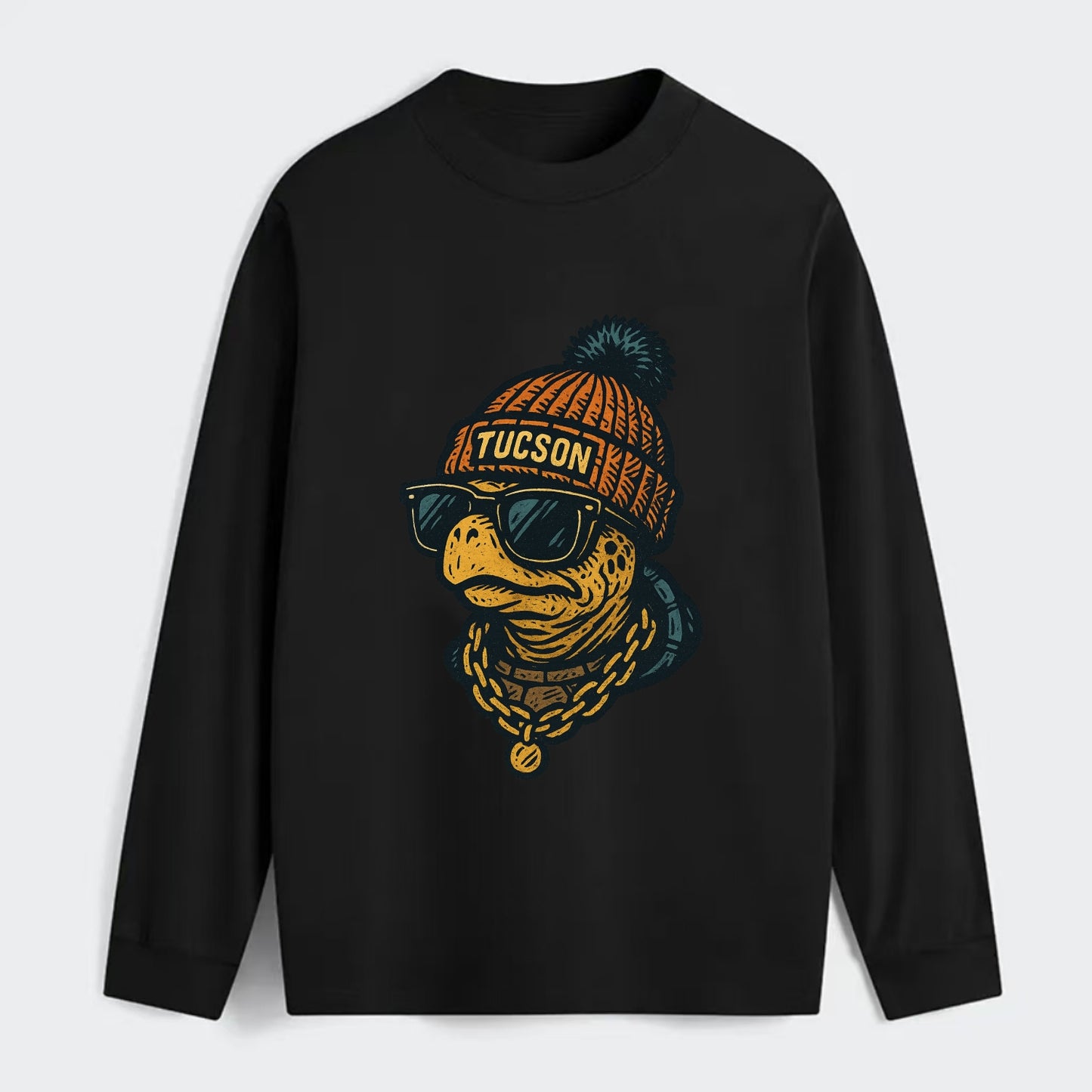 Tucson Desert Tortoise wearing Tucson beanie with pom pom and wayfarer - Classic Long Sleeve Shirt - Black