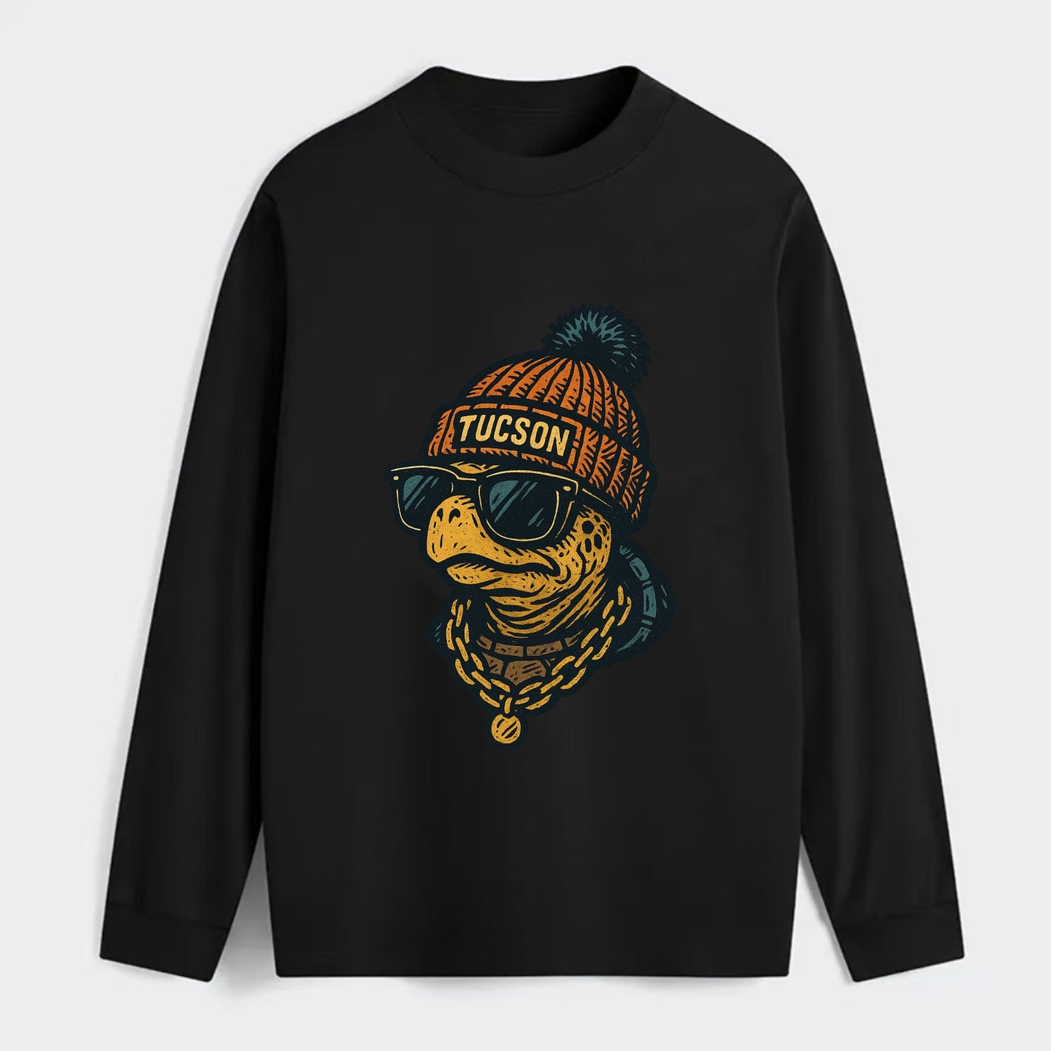 Tucson Desert Tortoise wearing Tucson beanie with pom pom and wayfarer - Classic Long Sleeve Shirt - Black