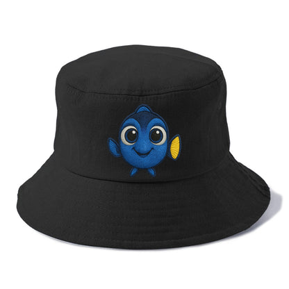 Baby Blue Tang - bright blue with yellow tail, big eyes, front-facing, Dory-style - Bucket Hat - Black