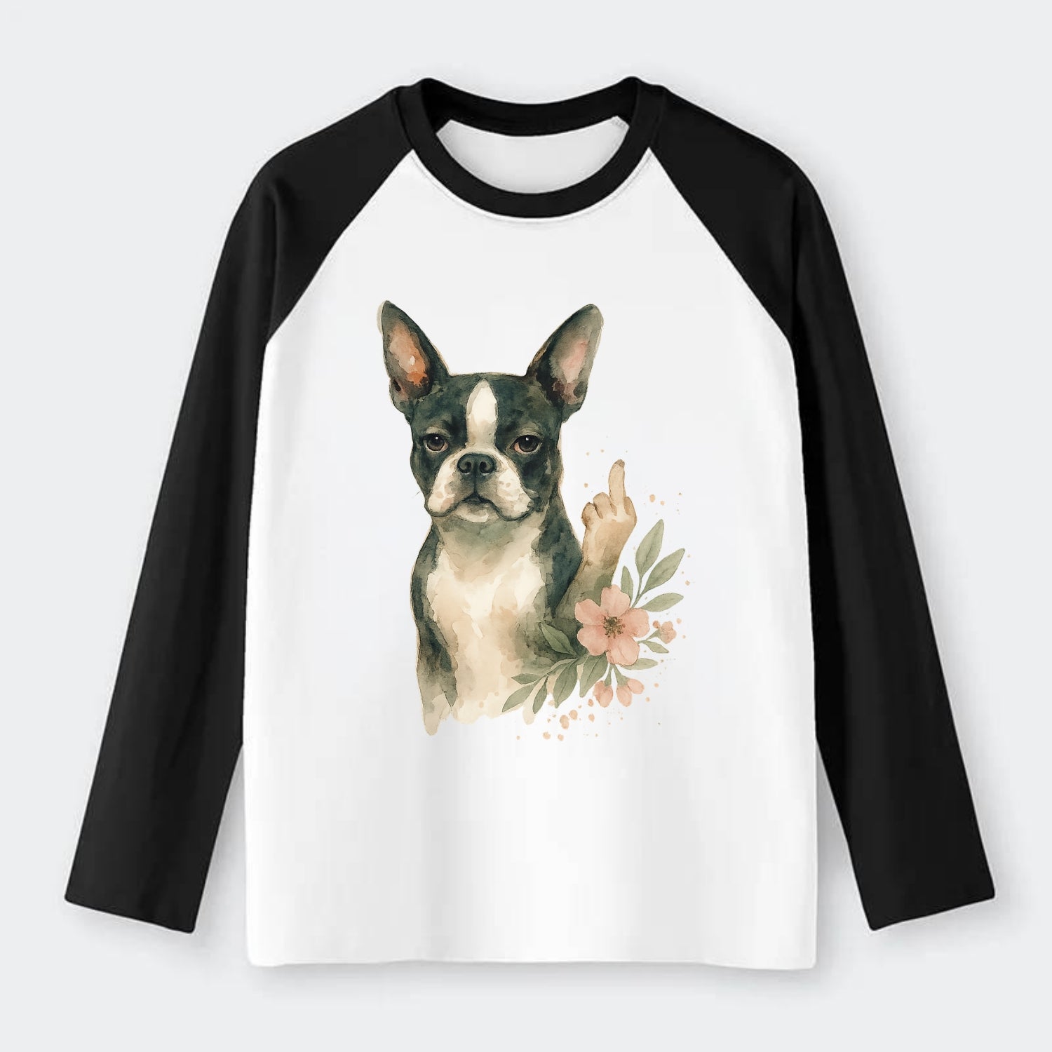 Boston Terrier with tuxedo markings, perky ears, paw up giving sass - Raglan Long Sleeve T-Shirt - Black