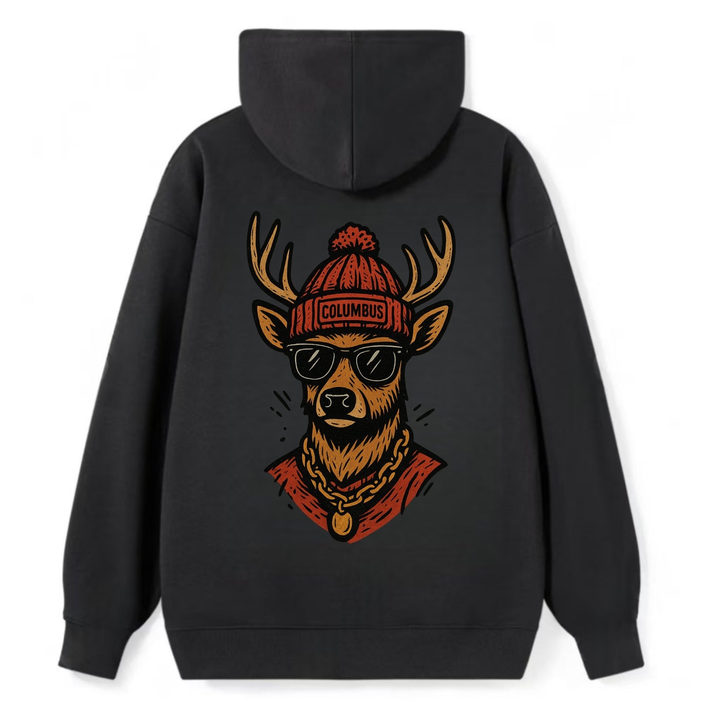 Columbus White-tailed Deer wearing Columbus beanie with pom pom and - Classic Pullover Hoodie - Black