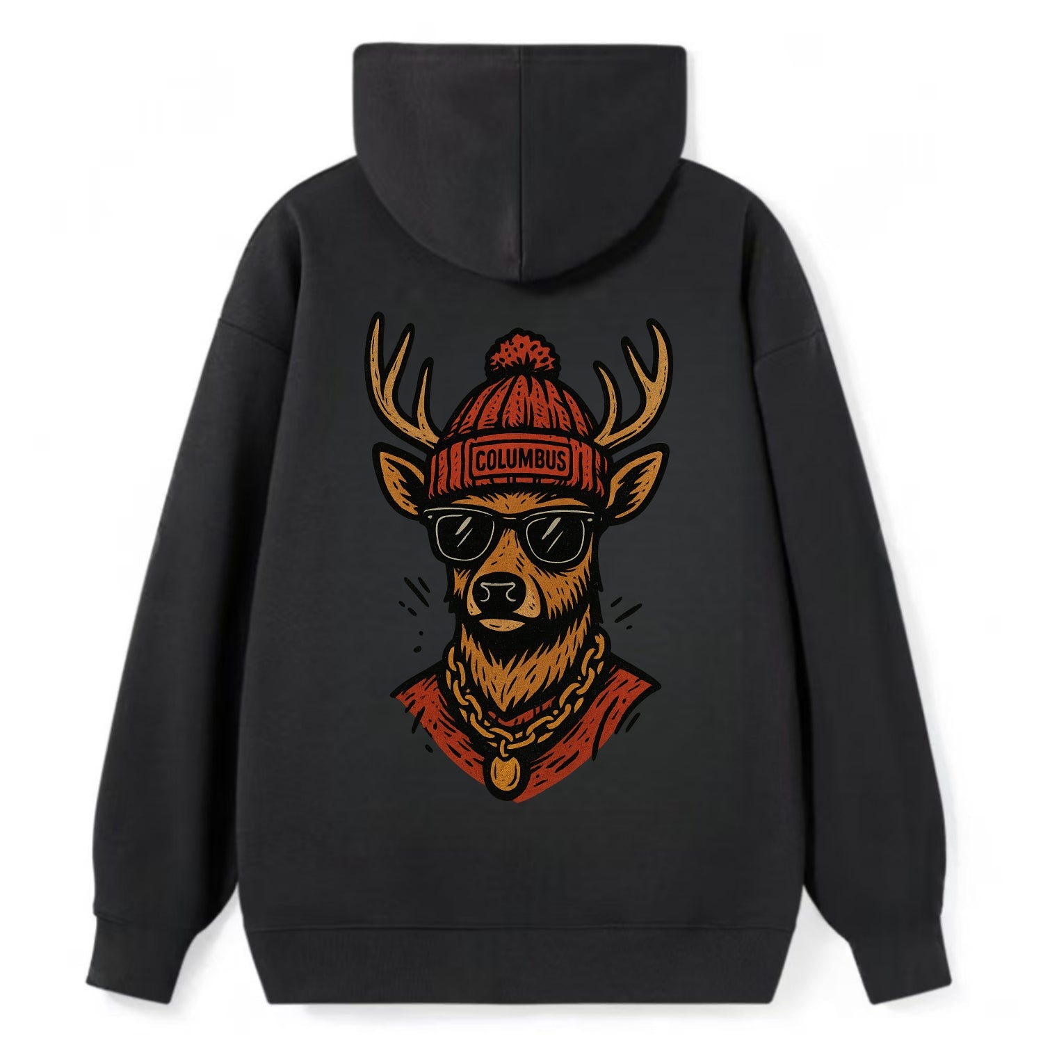Columbus White-tailed Deer wearing Columbus beanie with pom pom and - Classic Pullover Hoodie - Black
