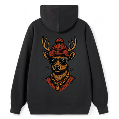 Columbus White-tailed Deer wearing Columbus beanie with pom pom and - Classic Pullover Hoodie - Black