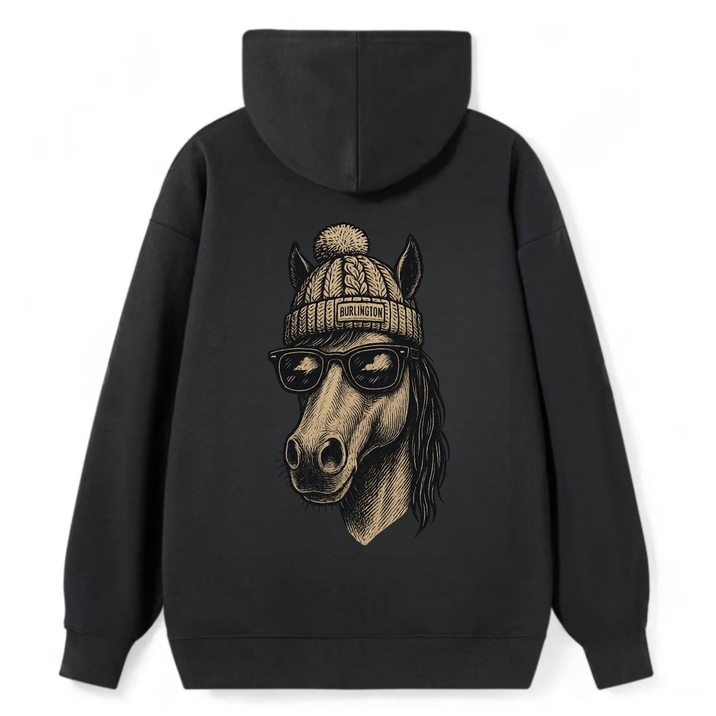 Vermont Morgan Horse wearing Burlington beanie with pom pom and wayfarer - Classic Pullover Hoodie - Black
