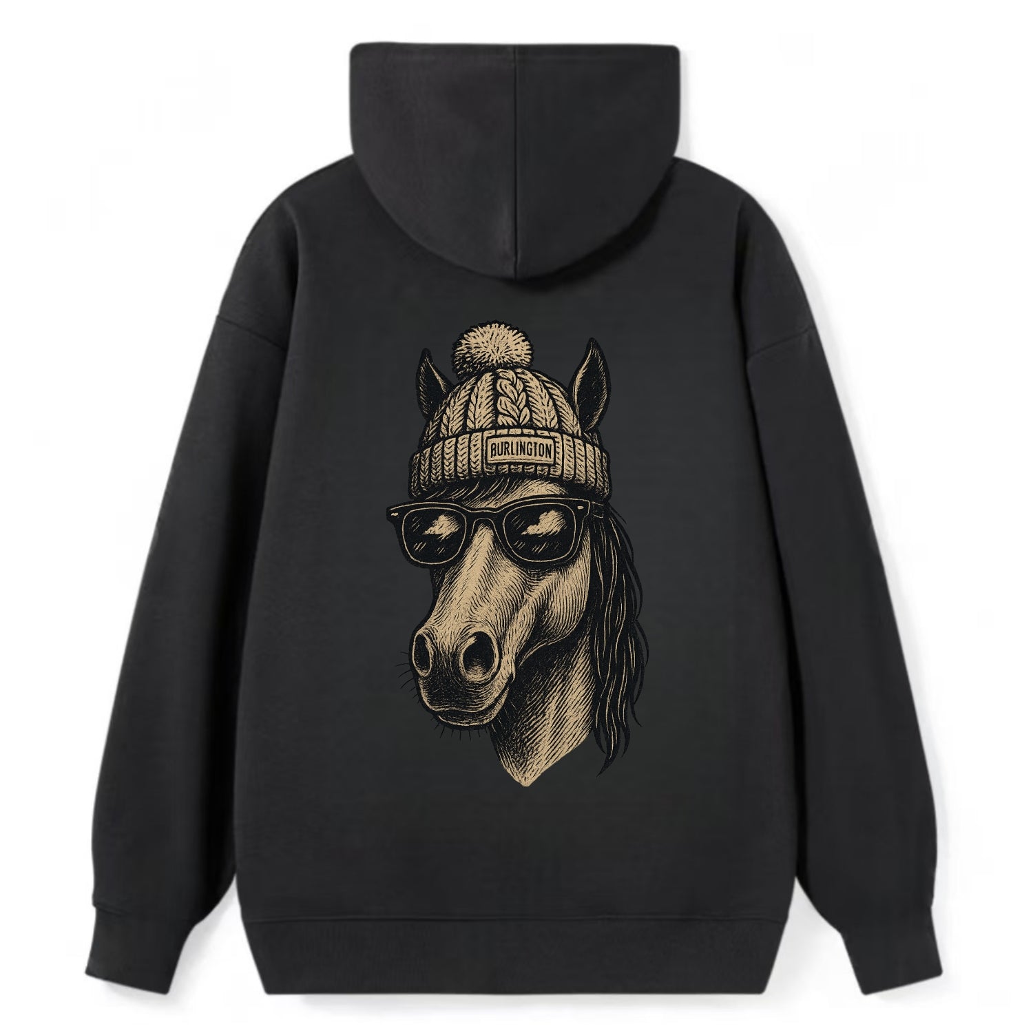 Vermont Morgan Horse wearing Burlington beanie with pom pom and wayfarer - Classic Pullover Hoodie - Black