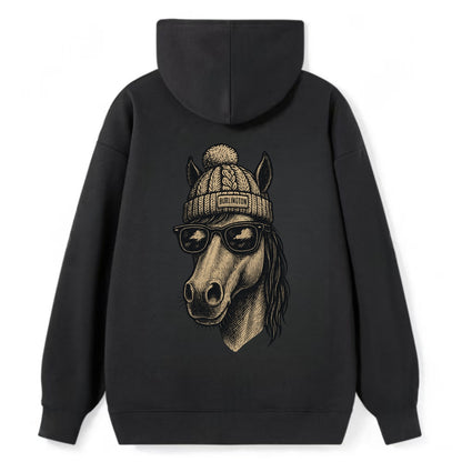 Vermont Morgan Horse wearing Burlington beanie with pom pom and wayfarer - Classic Pullover Hoodie - Black