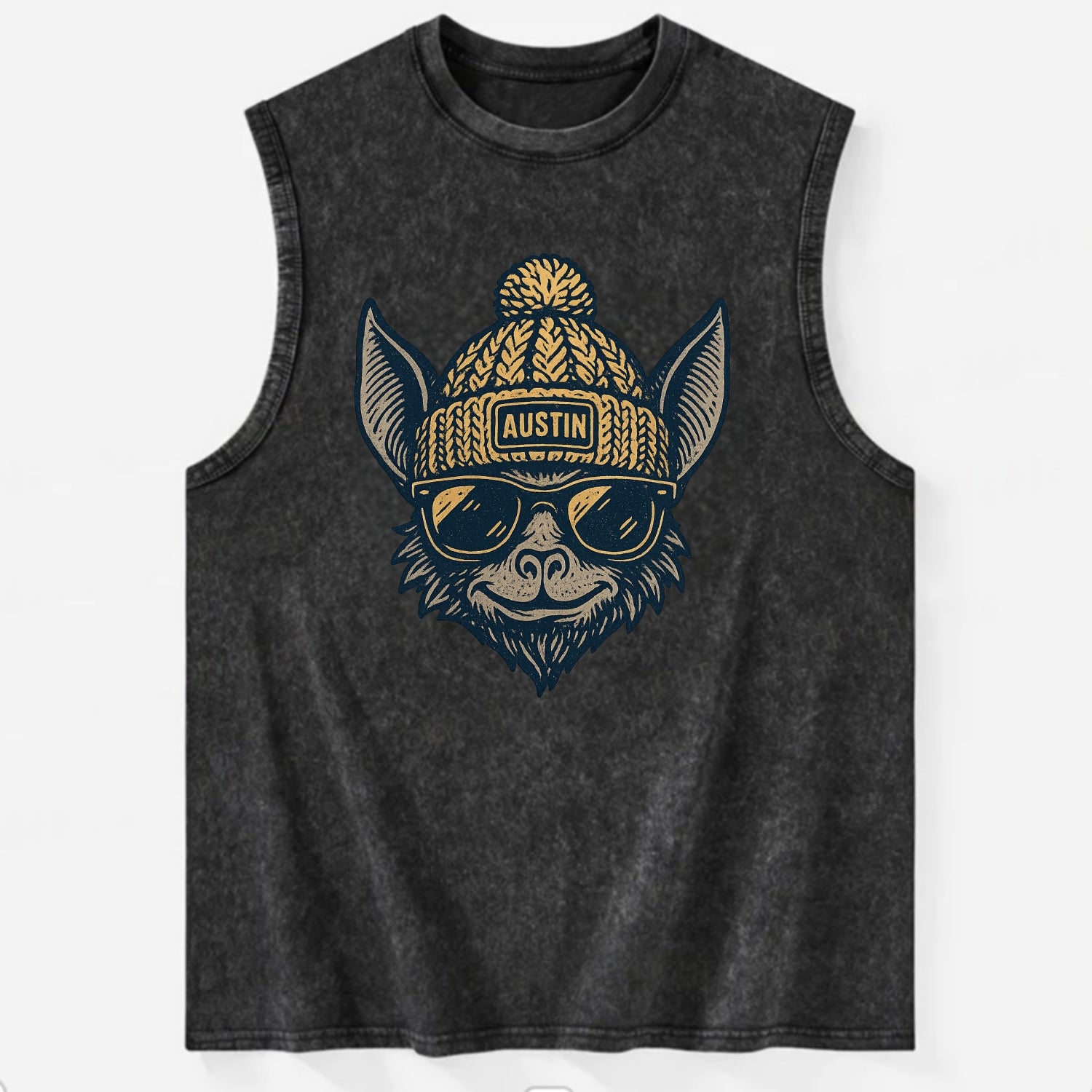 Austin Bat wearing Austin beanie with pom pom and wayfarer sunglasses - Vintage Washed Tank - Black