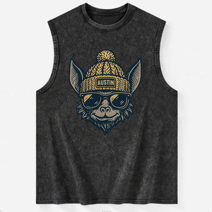 Austin Bat wearing Austin beanie with pom pom and wayfarer sunglasses - Vintage Washed Tank - Black