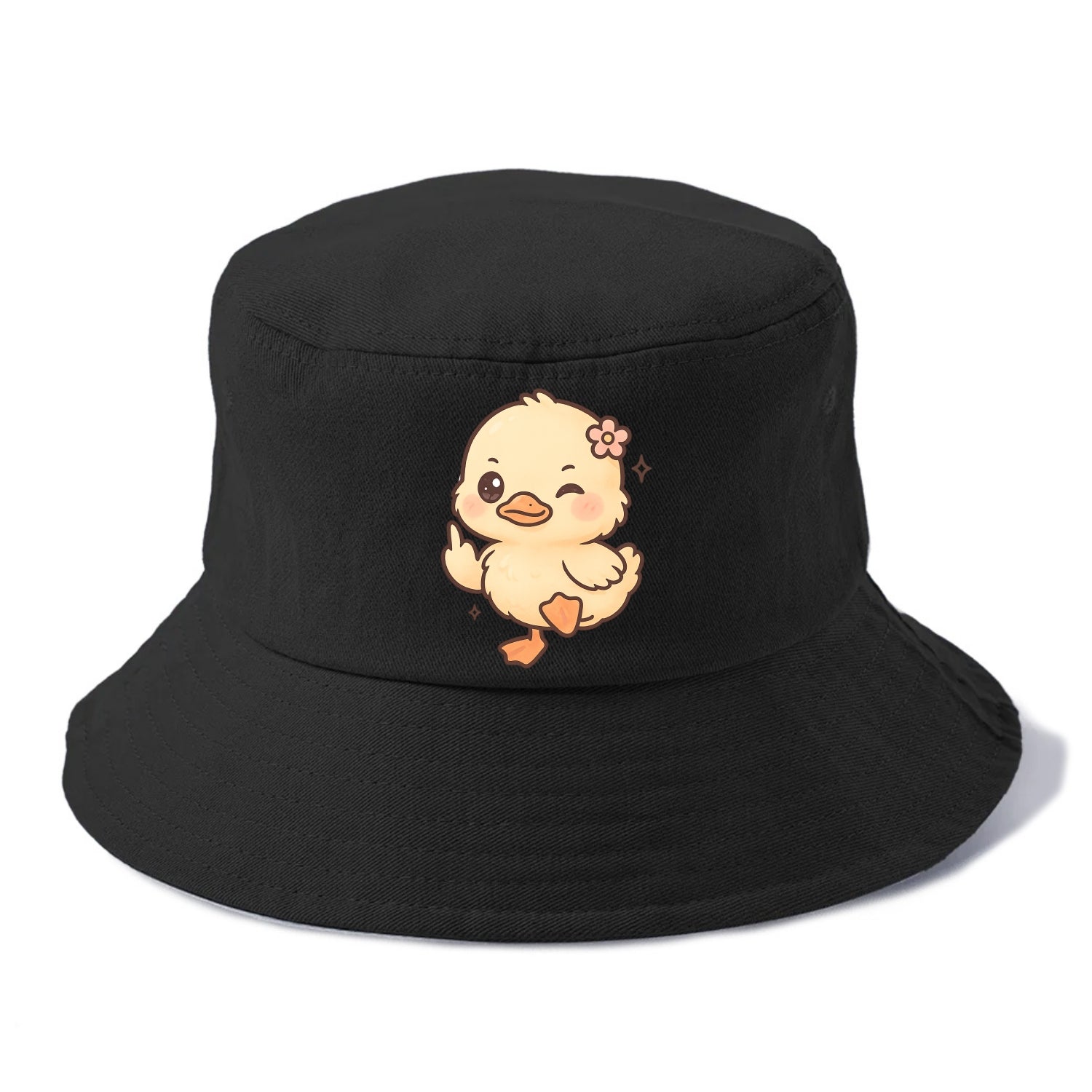fluffy baby duck with small flower, one webbed foot raised sassily - Bucket Hat - Black