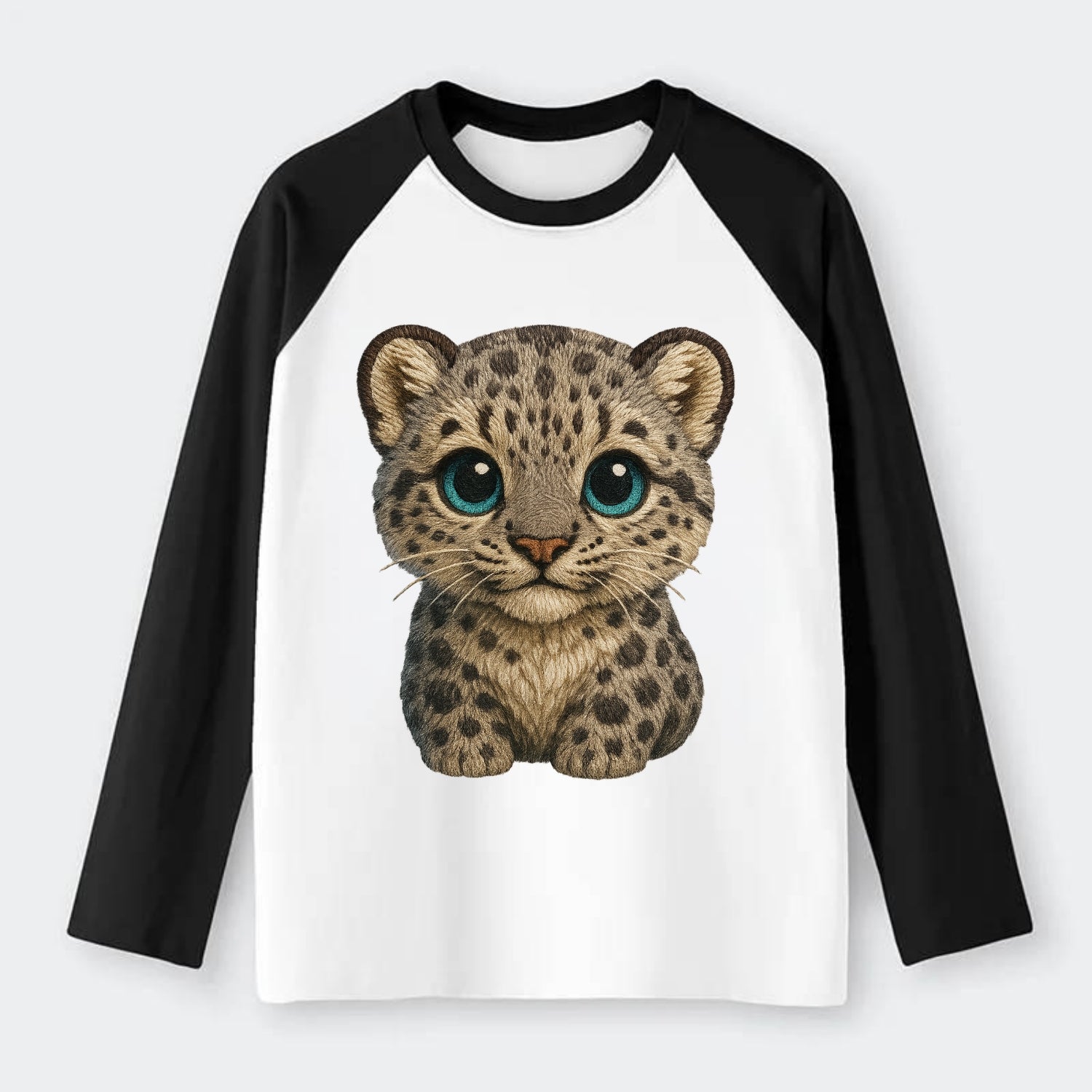 Baby Snow Leopard Cub - gray spotted, thick fur, blue-green eyes, - Raglan Long Sleeve T-Shirt - Black
