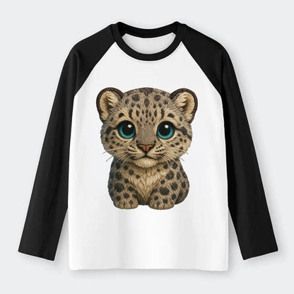 Baby Snow Leopard Cub - gray spotted, thick fur, blue-green eyes, - Raglan Long Sleeve T-Shirt - Black
