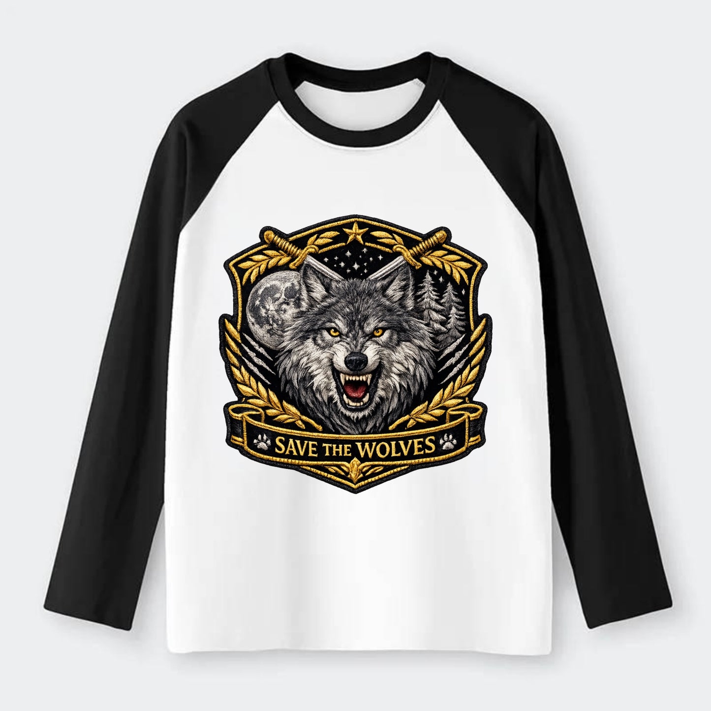SAVE THE WOLVES - wolf moon in gray , predator protection - Raglan Long Sleeve T-Shirt - Black