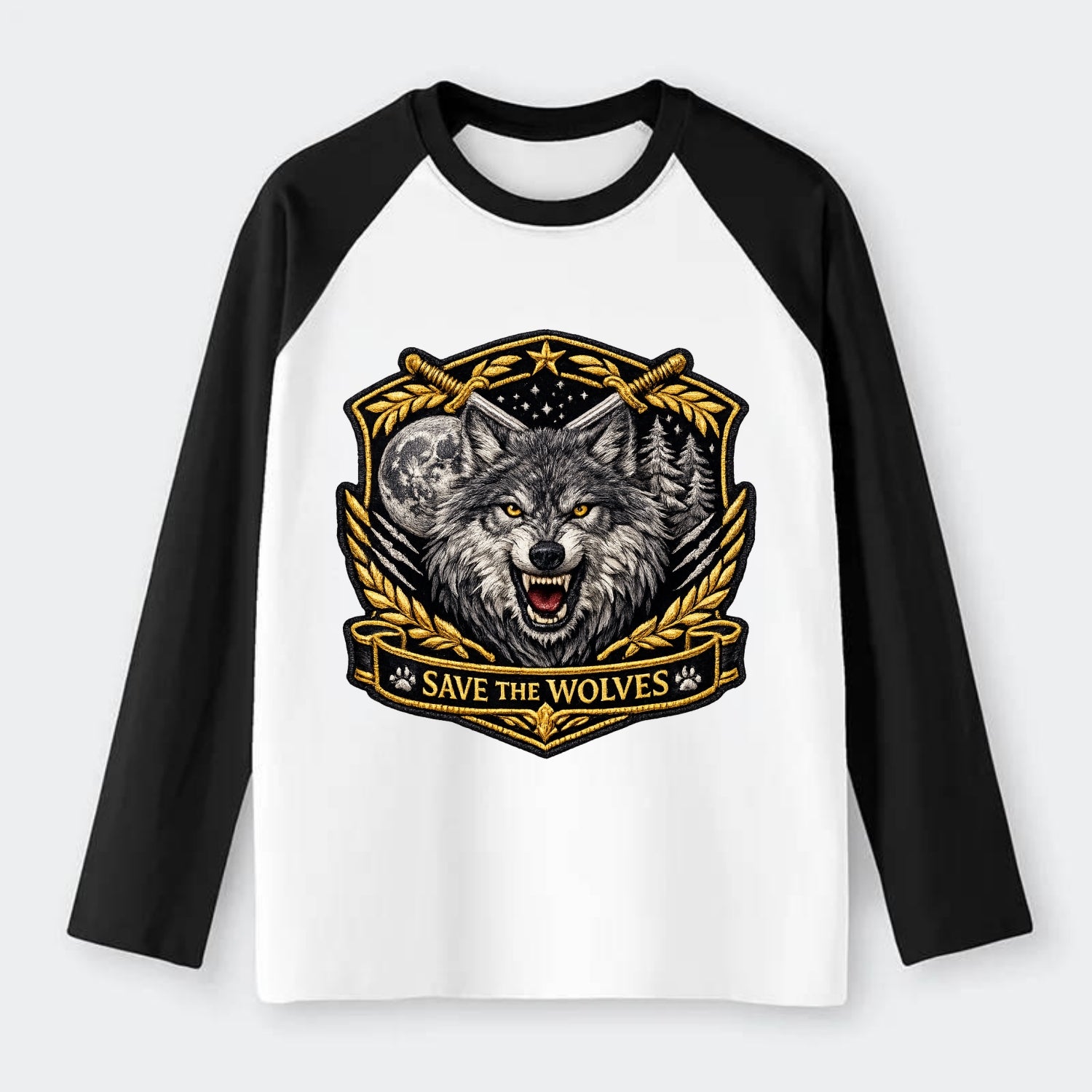 SAVE THE WOLVES - wolf moon in gray , predator protection - Raglan Long Sleeve T-Shirt - Black