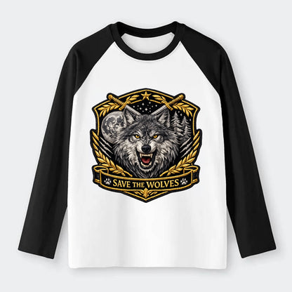 SAVE THE WOLVES - wolf moon in gray , predator protection - Raglan Long Sleeve T-Shirt - Black