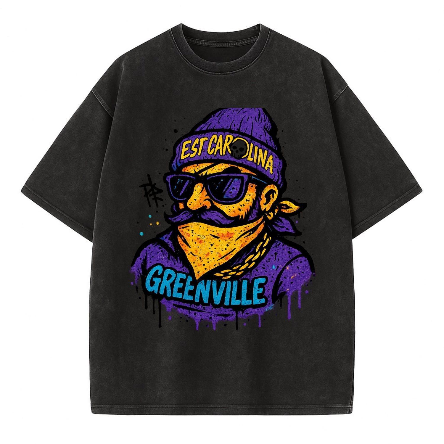 Greenville Pirate wearing East Carolina beanie with skull patch - Vintage T-shirt - Black