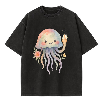 jellyfish with kawaii face and tentacles, one tentacle pointing up defiantly - Vintage T-shirt - Black