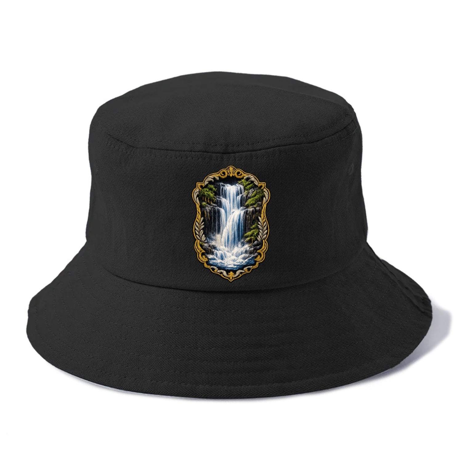 WATERFALL CASCADE - falling water with mist in blue and white , nature wonder - Bucket Hat - Black