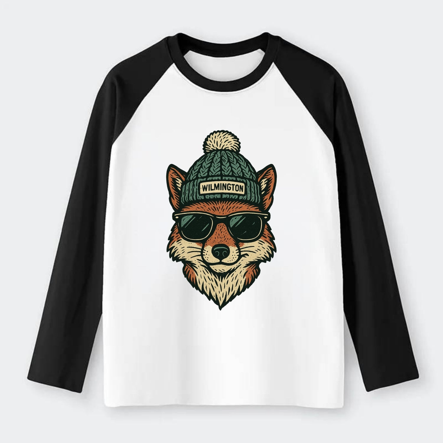 Delaware Gray Fox wearing Wilmington beanie with pom pom and wayfarer - Raglan Long Sleeve T-Shirt - Black
