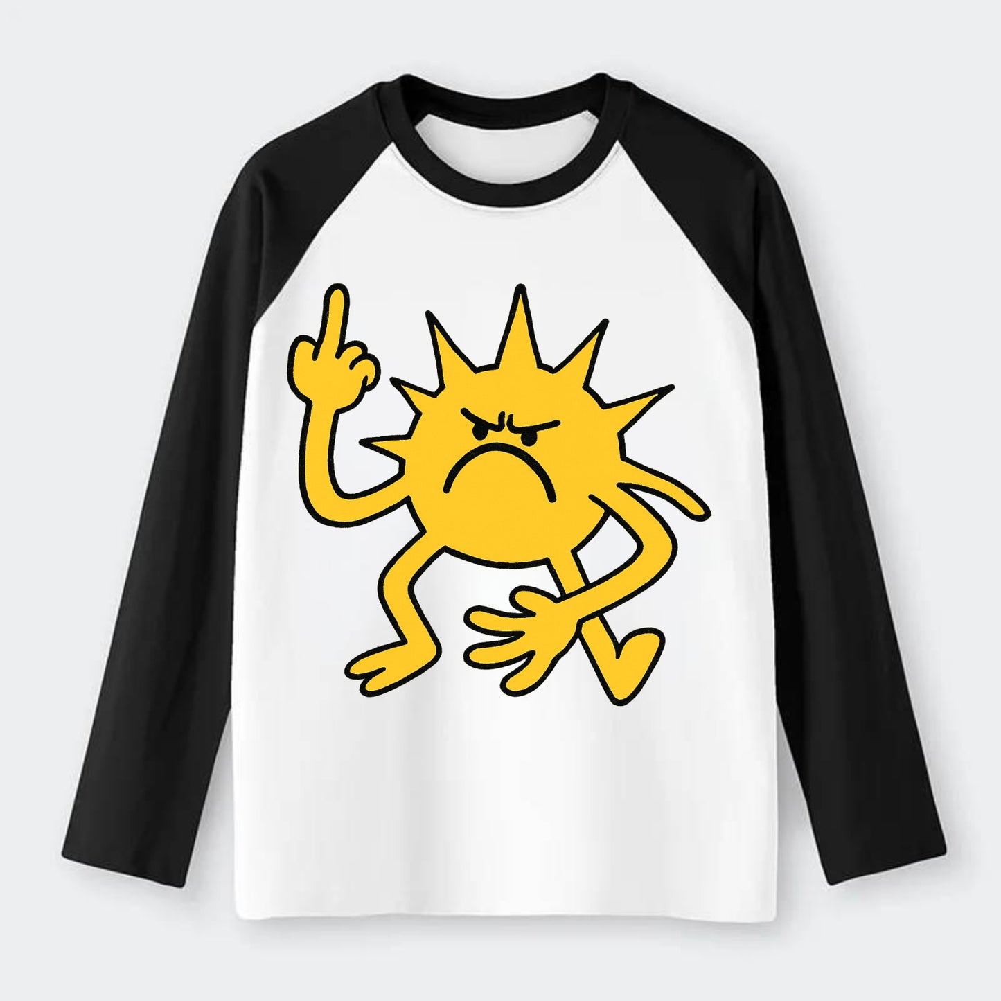 MORNINGS ARE PUNISHMENT | Grumpy sun with middle finger - Raglan Long Sleeve T-Shirt - Black